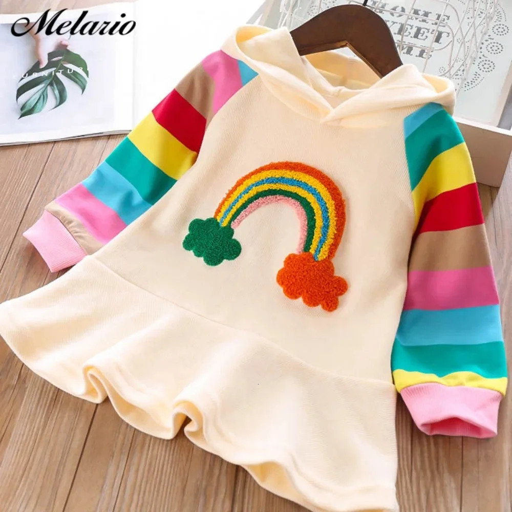 Spring and Autumn Girls Casual Clothes Rainbow Long Sleeved Hooded Dress Korean Version Fashionable Children 2-6 Years Old 260623