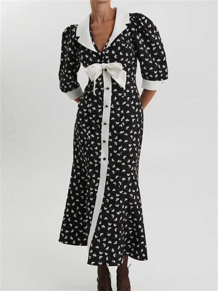 Tossy Tee Bow Printed Fashion Maxi Dress For Women V-Neck Patchwork Elegant Commute Party Dress Female Bandage Summer Dress 2025 L26