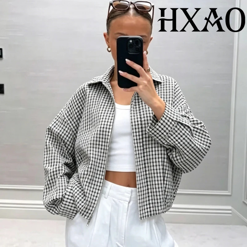 HXAO Plaid Womens Bomber Jacket Demi-Season Long Sleeve Crop Jacket Woman Chic Oversized Checked Varsity Jackets Outerwears 260622