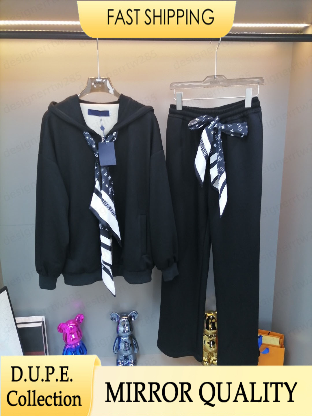 Designer Tracksuit Pants Set Black Two Piece Outfits Women Luxury Brand Scarf Hoodie Wide Leg Long Pants Casual Slim Sportswear Monogram Sweatsui-image-1111810788