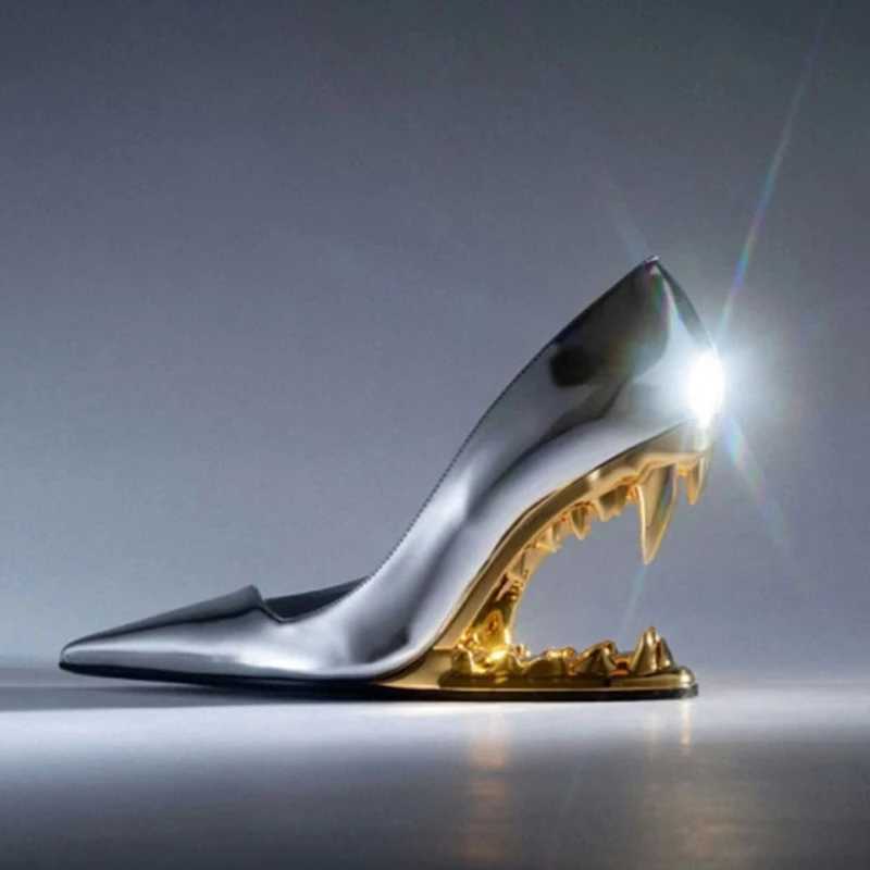 Spring 2025 Summer Women High Heels Shoes Sexy Woman Metal Fangs Pointed Toe Sandals Pointed Toe Luxury Brand Peep Toe Pumps T260623