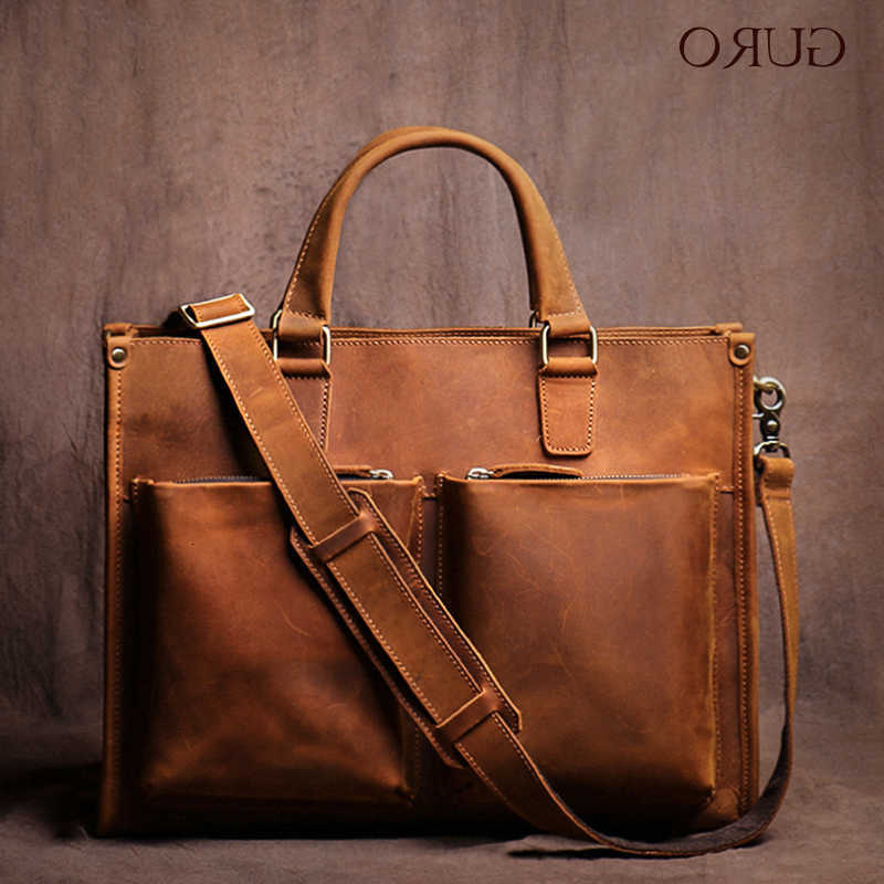 Briefcase GURO Higher Quality Executive Mens Genuine Leather Handbag Briefcase 14 Laptop Crossbody Vintage Shoulder Bag H260623