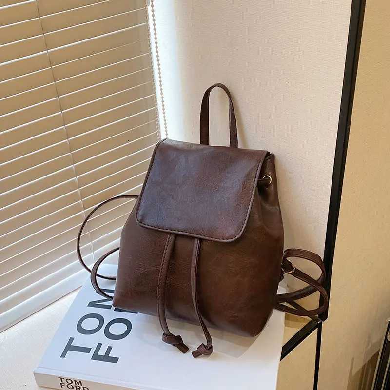 Vintage Solid Color Ladies Handbags College Girls Pu Leather Backpacks Compact Lightweight String Casual Shoulder Bags for WomenT260623