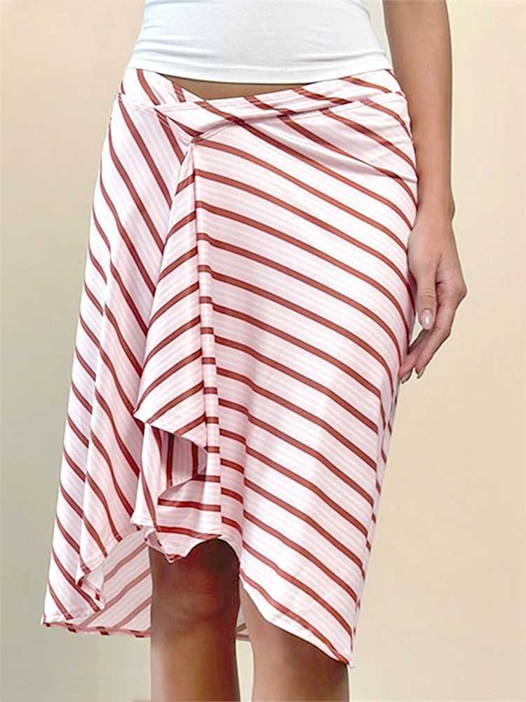 Summer Solid/Stripe/Plaid Midi Skirts for Women Casual Elegant A-Line Skirt for Beach Vacation Streetwear L26