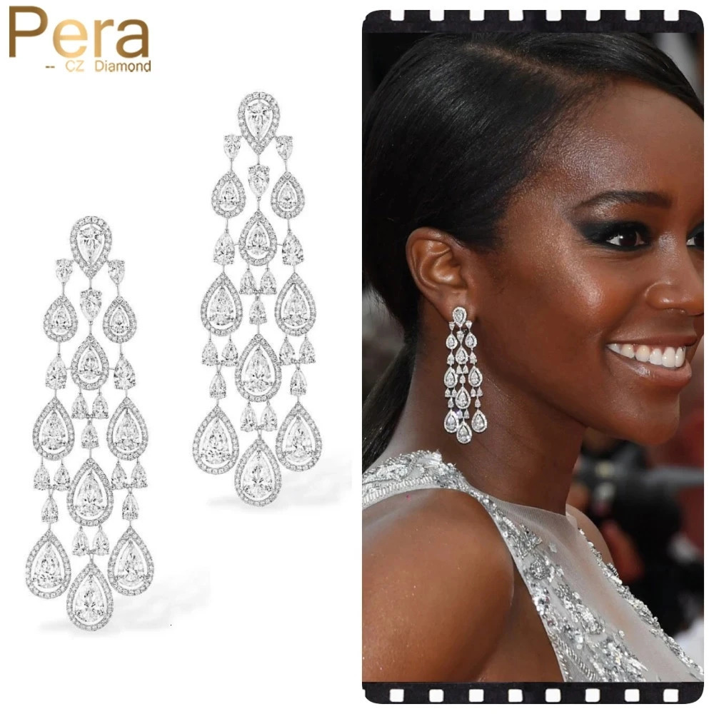 Pera Pendientes largos elegantes de circonita cúbica blanca brillante para boda, pendientes colgantes con forma de gota de agua para mujer, joyería