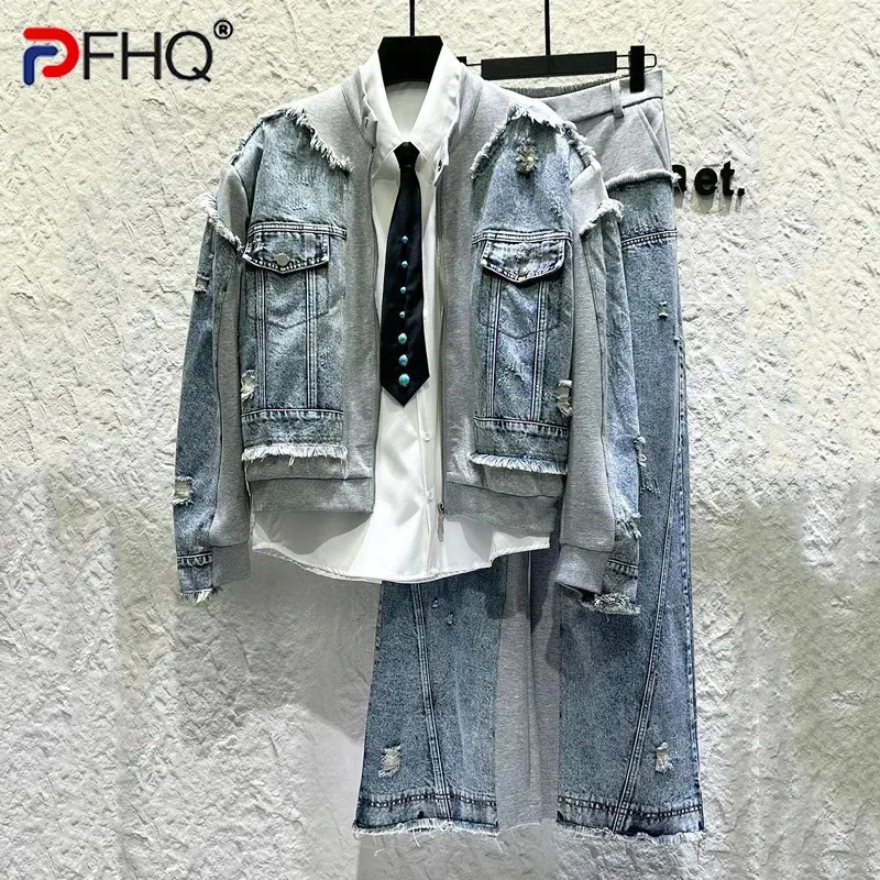 PFHQ Denim Patchwork Male Sets Trendy Long Sleeve Frayed n Zipper Jacket Loose StraightLeg Pants TwoPiece 21E7014 260623banjia
