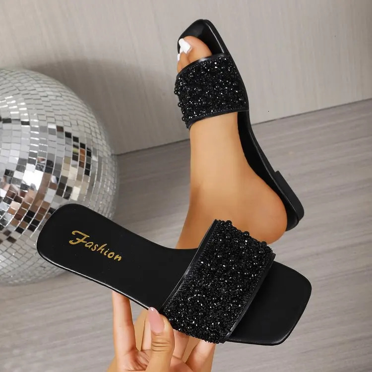 Womens Black Beaded Flat Slide Sandals 2026 Summer Square Toe Slip On Slippers Plus Size 43 Party Dress Shoes 260623