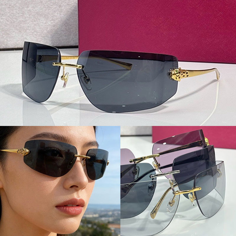 Ladies PANTHERE DE SUNGLASSES Designer Frameless Large Rectangular Lens Cheetah Metal Leg Black Lens UV400 Protection Summer Fashion Classic Driving