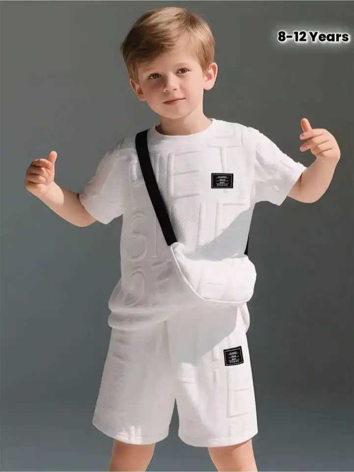 Boys leisure summer outing two-piece set solid color three-dimensional round neck short sleeved T-shirtshorts set X260623