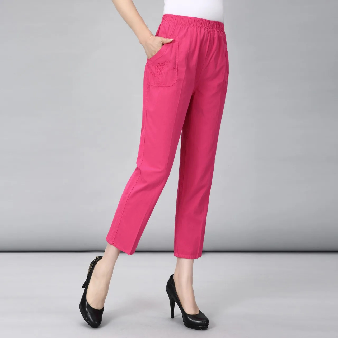 Spring Summer Casual embroidery Cotton Pants Korean Thin Harem Elastic Waist Middleaged Female Linen Trousers 260623