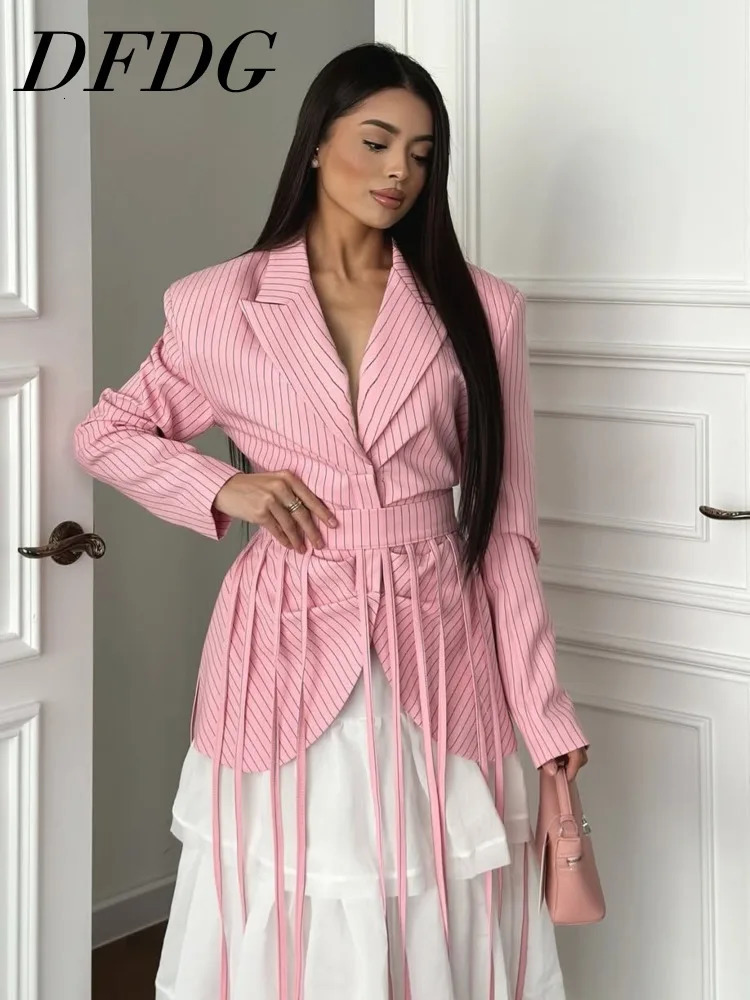 DFDG Womens Spring Summer Lapel Stripe Print Fringe Detail Blazer Elegant Formal Party 2026 Trendy Feminine Fashion 260625