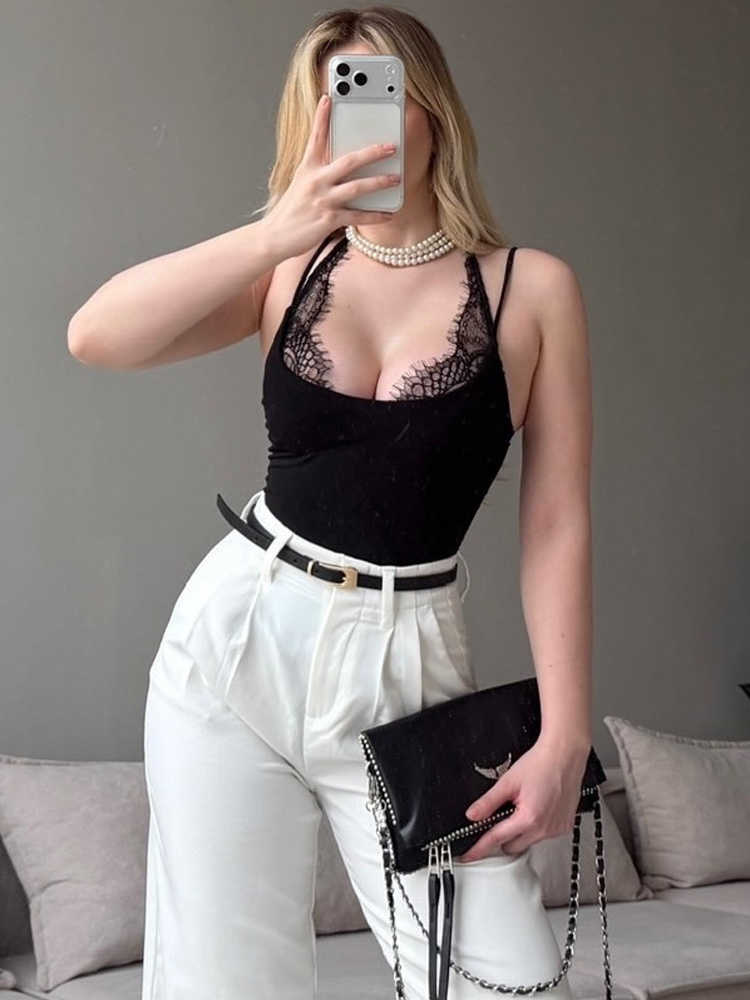 Tossy Sexy Summer Lace Bodysuits Top For Women Hollow Out Skinny Patchwork See-Through Slim Jumpsuit Female Solid Bodysuits Top L26