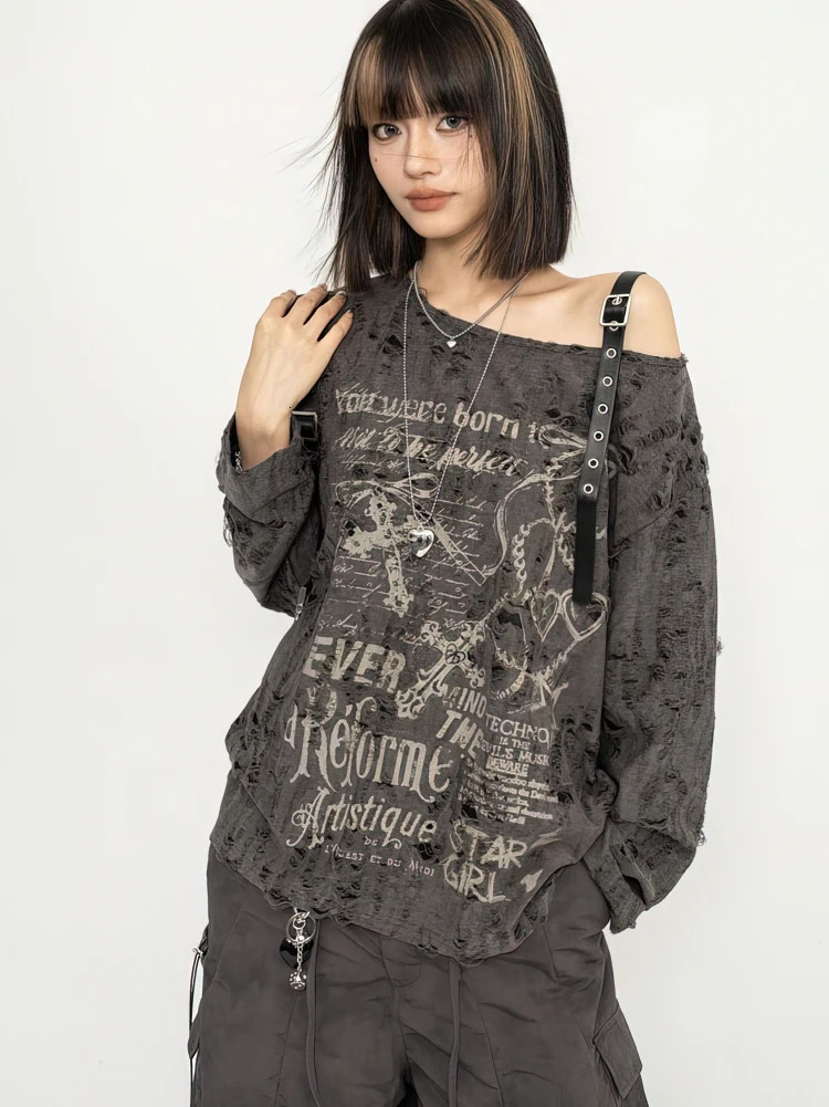Y2k Long sleeve T shirt Women Off shoulder Oversize Tops Female Spring Autumn Vintage Holes Basic Tees Streetwear Chic 260622