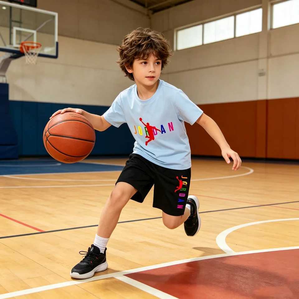 Ropa de verano de baloncesto para niños, camiseta, pantalones cortos, 3-12 años, letras coloridas, conjunto de dos piezas de moda informal de manga