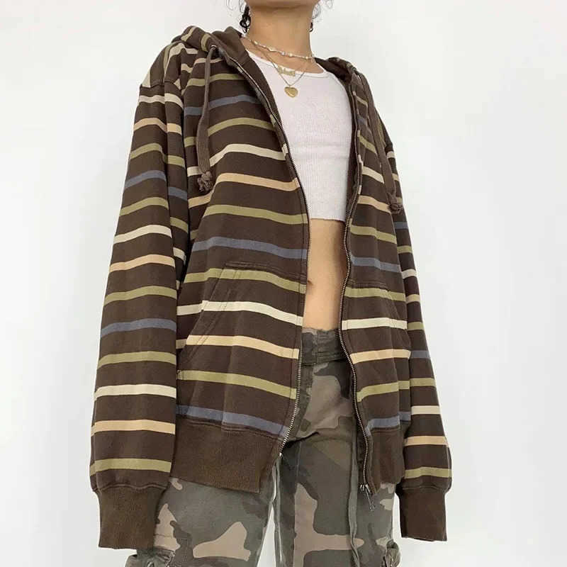 Women Hoodies Y2K Aesthetic Stripe Long Sve Zip Up Hooded Sweatshirts Female Autumn 90s Gothic Grunge Tops Outerwear L26