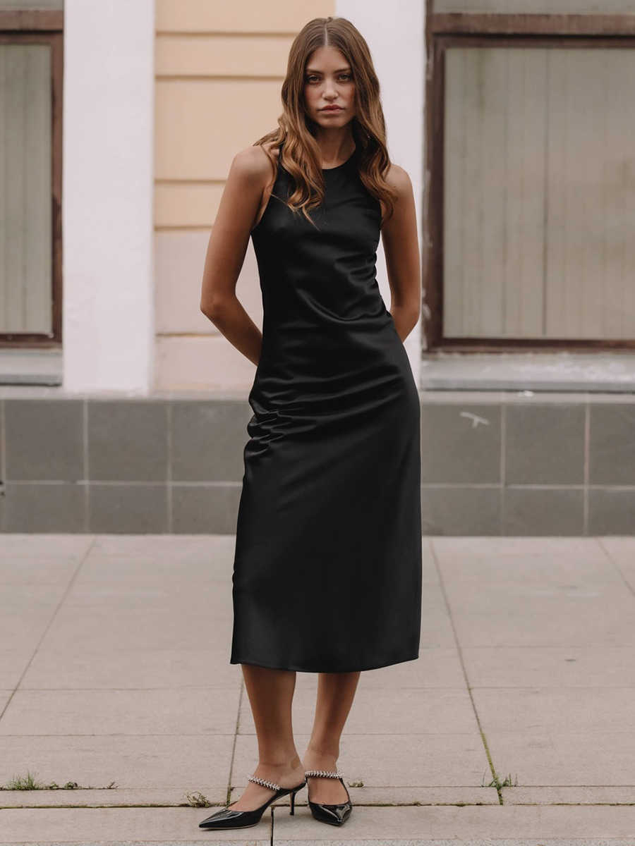 Bornladies Elegant Black Satin Midi Dress Sveless Crew Neck Ruched Slim Fit Dress for Office Party Daily Wear L26