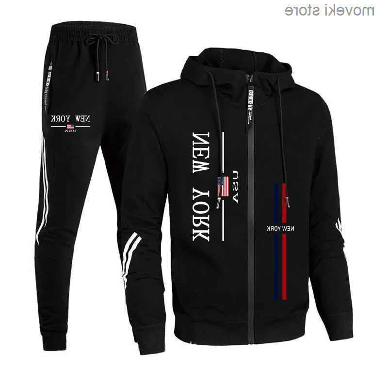 New 2025 Trendy Mens Tracksuit Zipup Hoodie Black Sweatpants Fall Winter Casual Sporty Jogger Jacket Outfit S260623
