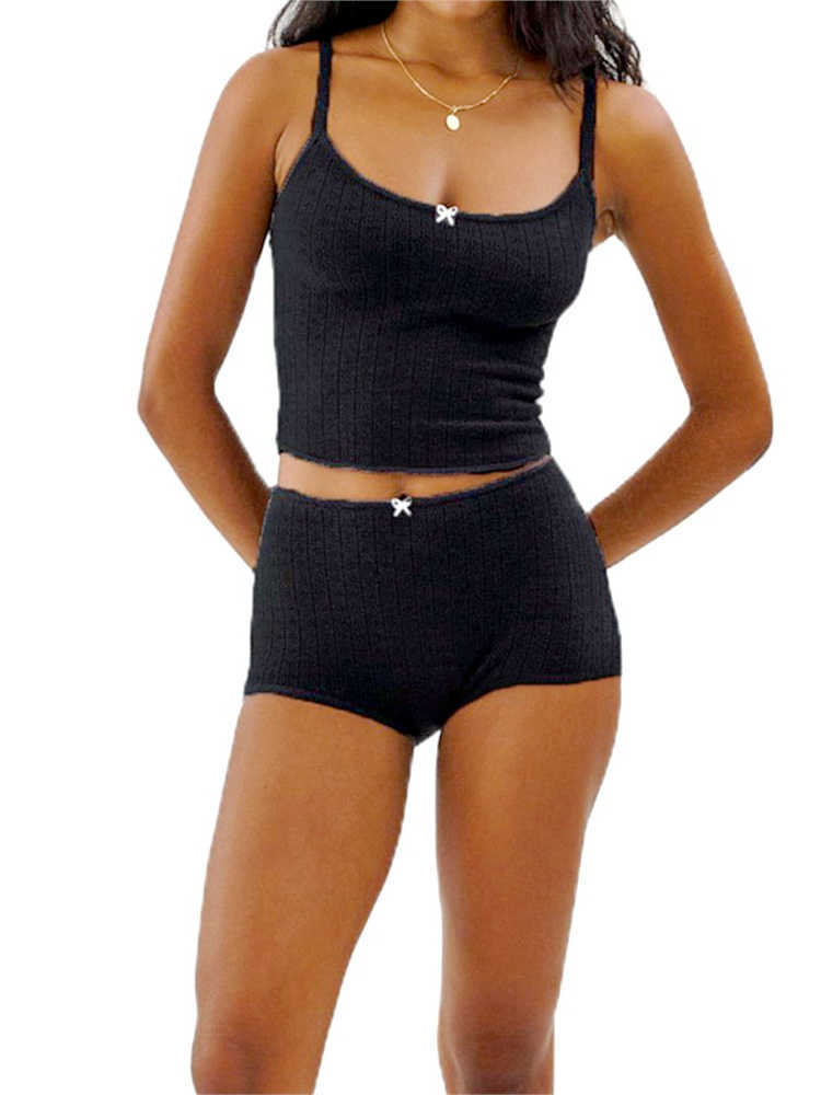 2 Piece Sets Womens Solid Color Bow Camisole Tops and Shorts Sets Summer Casual Loungewear L26