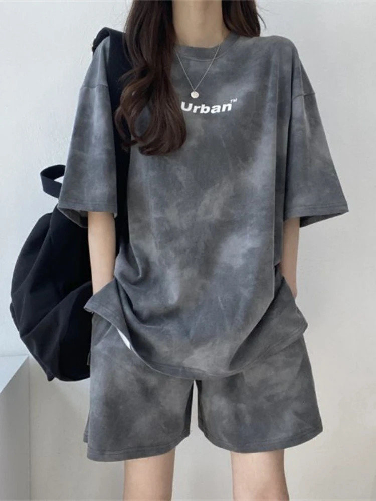 in Summer Womens Tie Dye Workmanship Sportswear Set Short Sleeve Loose Wide Leg Shorts Casual Outfit Simple Two Piece 260623