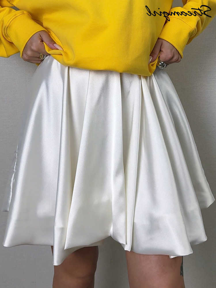 Streirl White Short Balloon Skirt For Women Shiny Elegant A Line Black Satin Bud Skirts Female Pink Mini Skirt Women Silk L26
