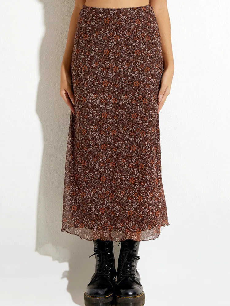 Women Retro Floral Long Skirts High Waist Mesh Bodycon Pencil Skirts Korean Fashion Casual Sexy Elegant Streetwear Summer Fall L26