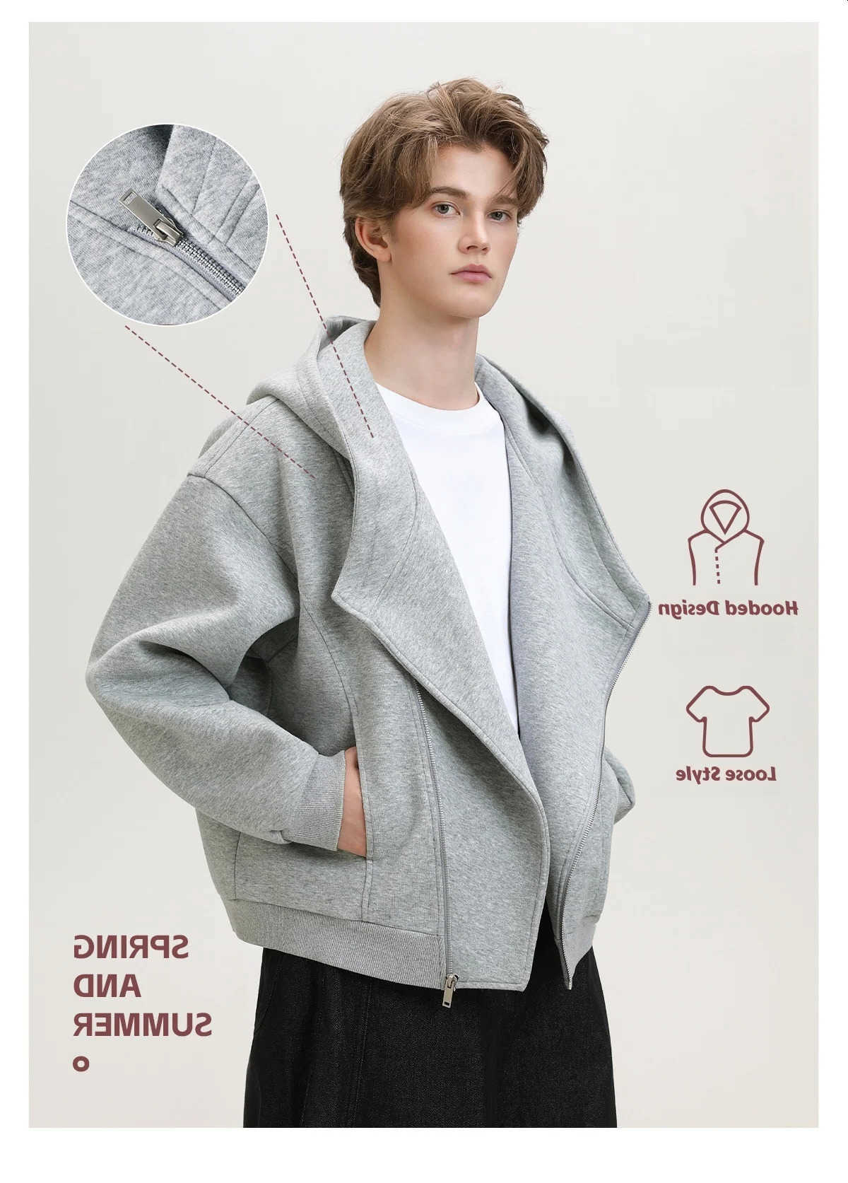 Zipper Slant Hooded Sweatshirt Mens Autumn Winter Heavyweight Textured Short Wide Silhouette Jacket Casual Coat Women 250805 S260623