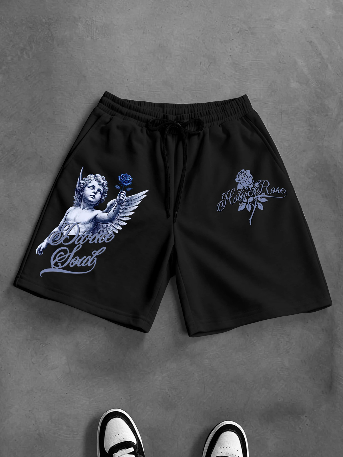 Mens Oversized Casual Streetwear Shorts Angel Rose Gothic Print Polyester Black Multi Color Casual Shorts S-2XL All Size 260623