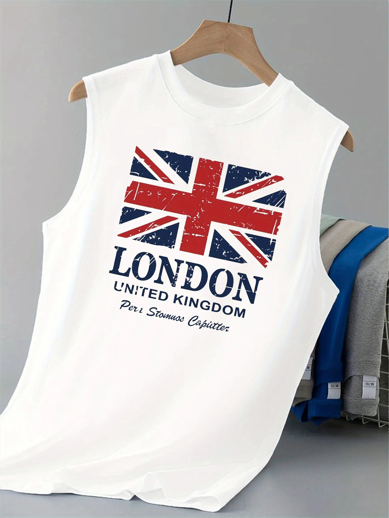100 pure cotton mens summer fashion casual UK London printed fitness breathable loose round neck sleeveless vest 260623