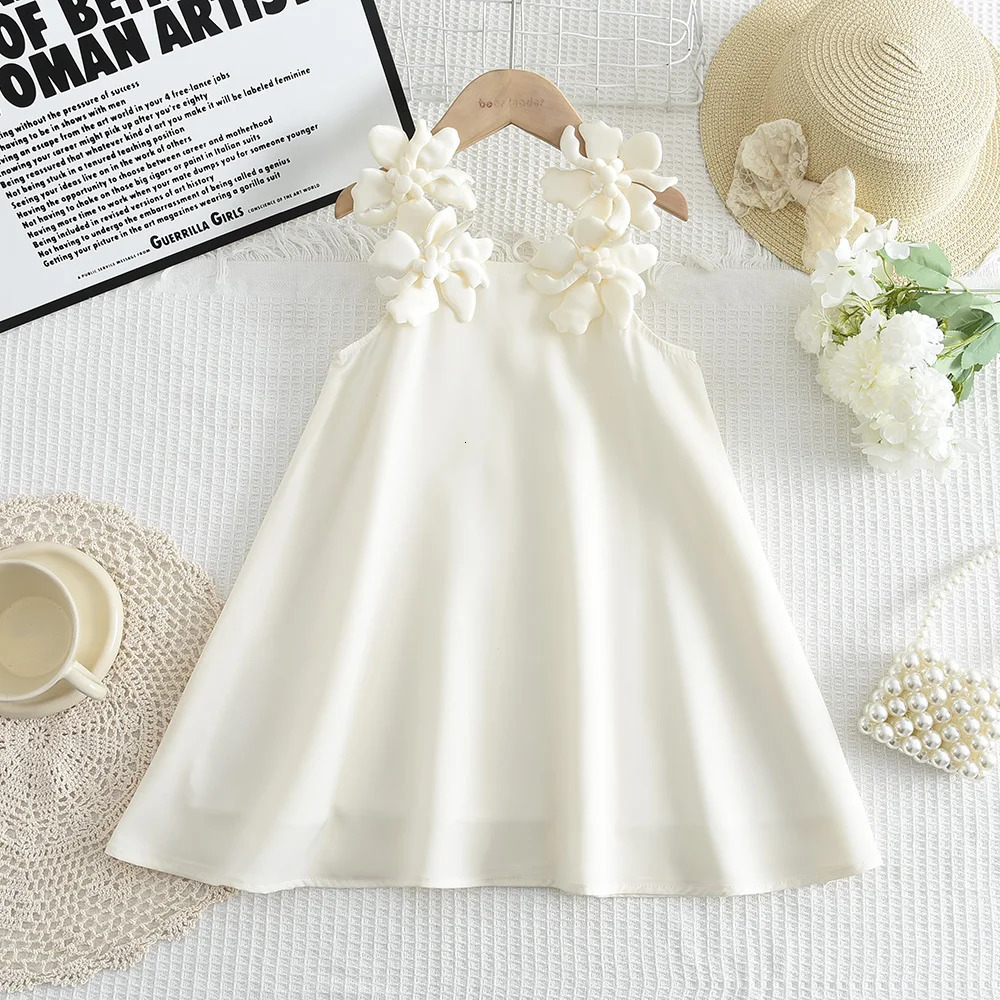 Summer Korean Version Baby Girl Casual Solid Color Dress White 3D Flower Decoration Fashion Temperament Princess Dress 260623