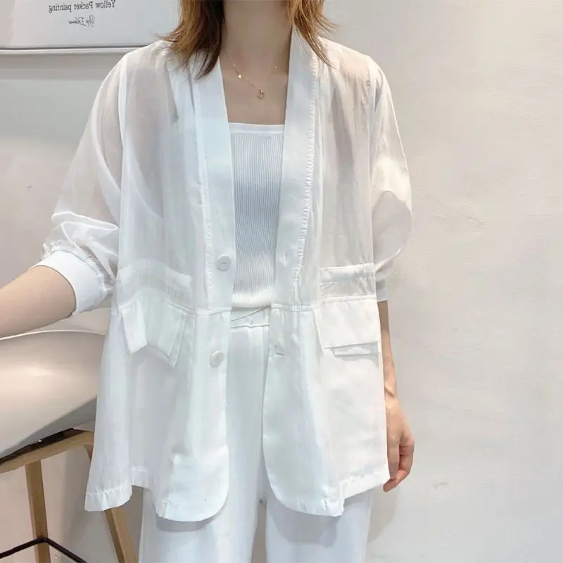 Plus Size Waist Tie Vneck Black Blazer Women Summer Cardigan Sunscreen White Jacket Korean Fashion Casual Pocket Outerwear 260625