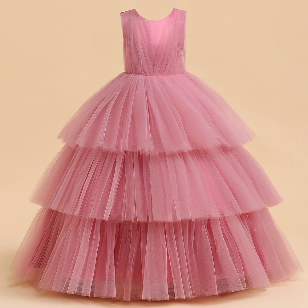 Ceremony Elegant Kids Party Dresses For Girls Children Puffy Tulle White Bridesmaid Dress Flower Girl Birthday Wedding Prom Gown 260623