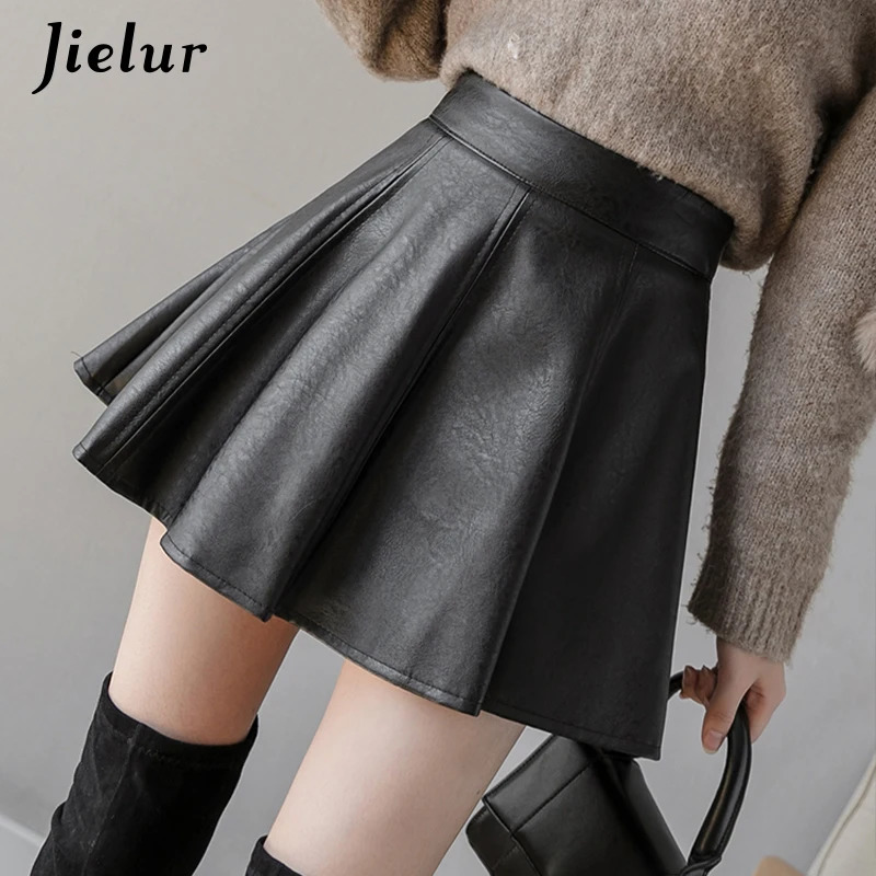 Jielur PU Pleated Skirt Autumn Women Solid Color Leather Winter Skirts Slim High Waist Saia Faldas Chic Zipper Mini 260613