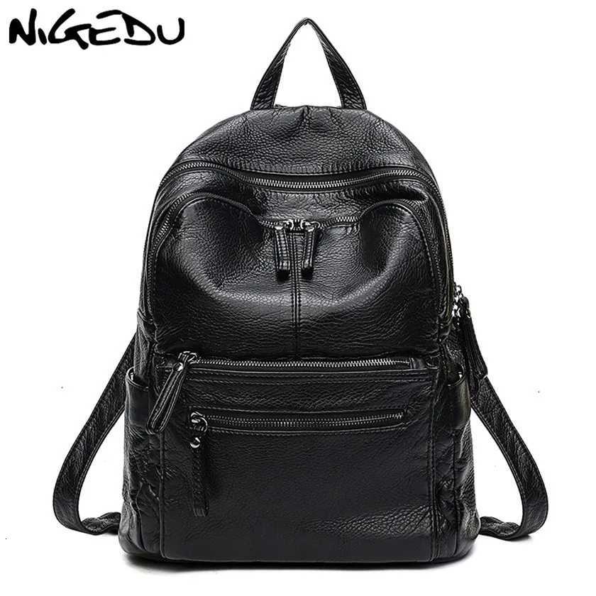 NIGEDU Soft PU leather Women backpack Large capacity ladies backpack black Casual School Book Bag travel bag Daypack mochilaT260623