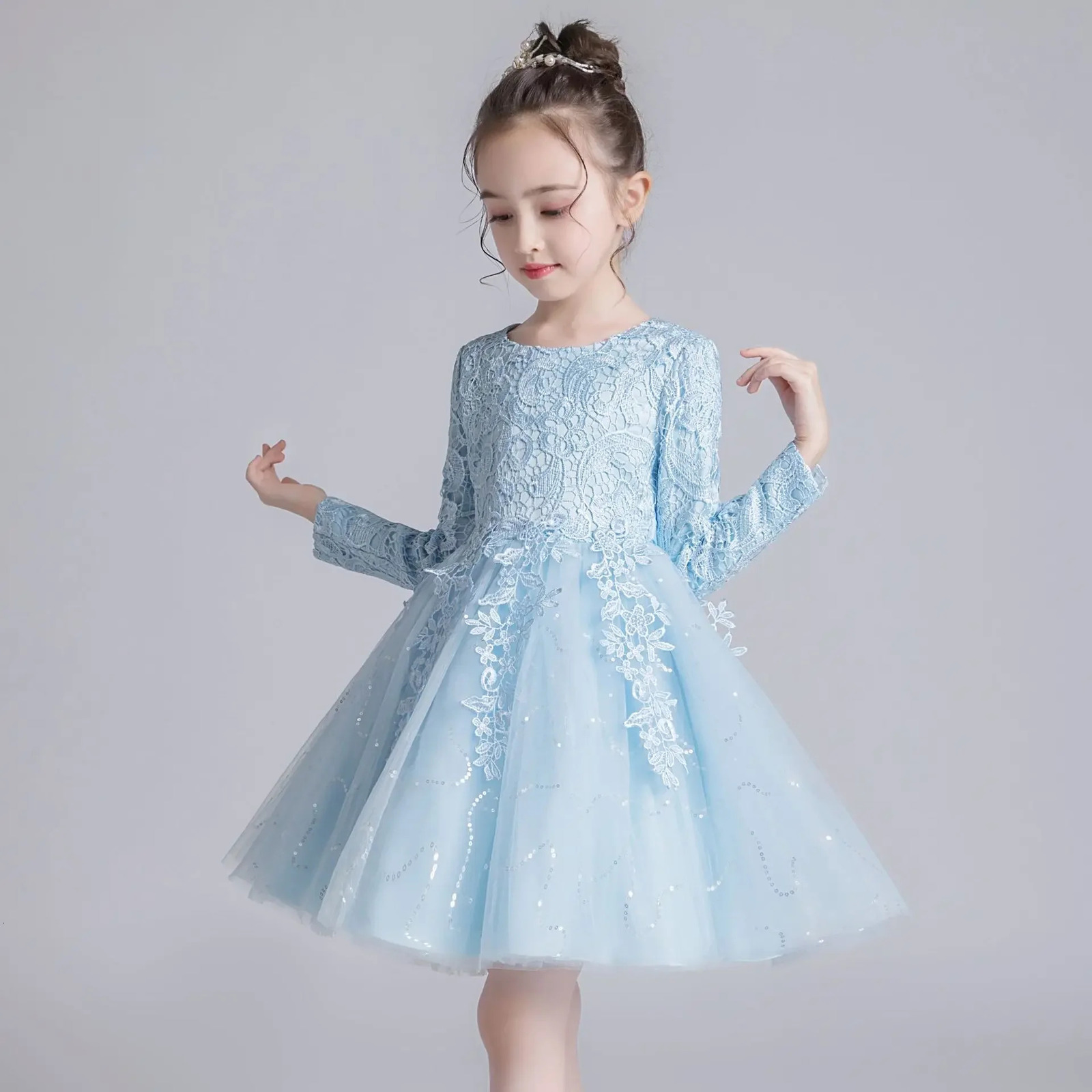 Fashion Flower Girl Dresses for Weddings Lace Long Sleeve Children Bridesmaid Dresses Spring Autumn Girls Party Dress 3-12 Years 260623