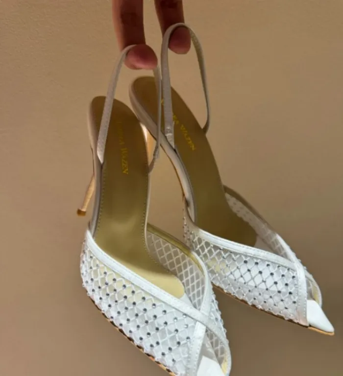 Sommerdesign Andrea Wazen Damen Katy Spitzensandalen Schuhe Peep Toe Strasssteine ​​High Heel Party Hochzeitskleid