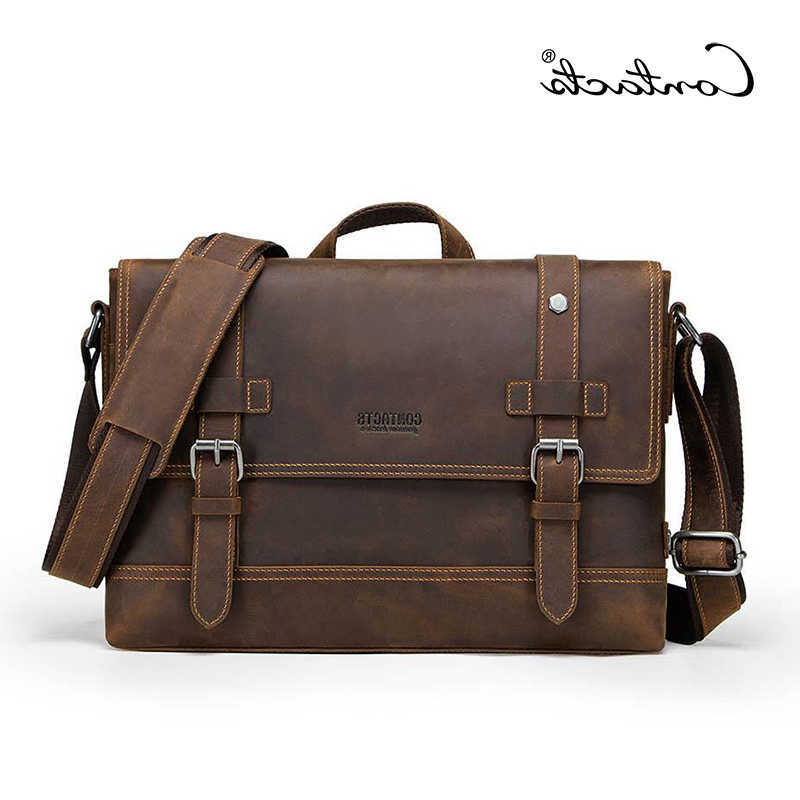 genuine horse CONTACTS leather crazy mens bag vintage man shoulder bags for laptop messenger bags male bolsa crossbody handbag H260623
