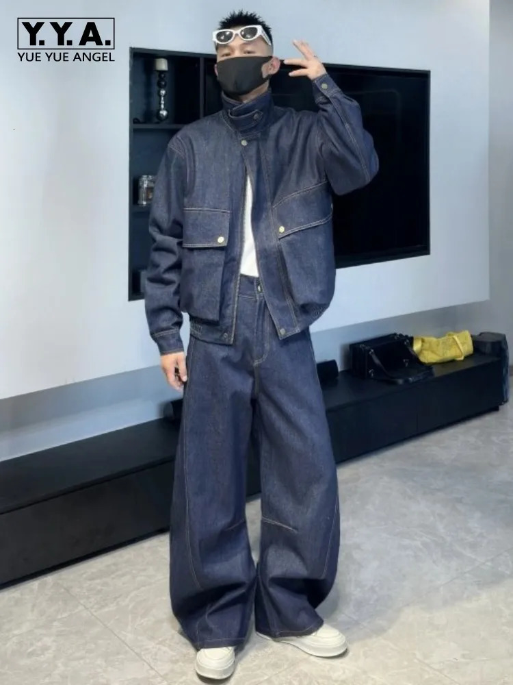 Autumn Mens Vintage Caego Denim Jacket Wide Leg Jeans Two Piece Sets Loose Fit Streetwear Hip Hop Casual Matching Set Outfit 260623banjia