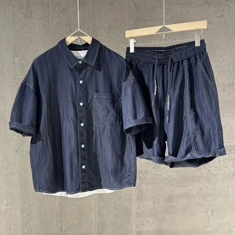 Mens Dark Denim Two Piece Set Oversized Short Sleeve Shirt Elastic Waist Drawstring Shorts Casual Summer Outfit 260623