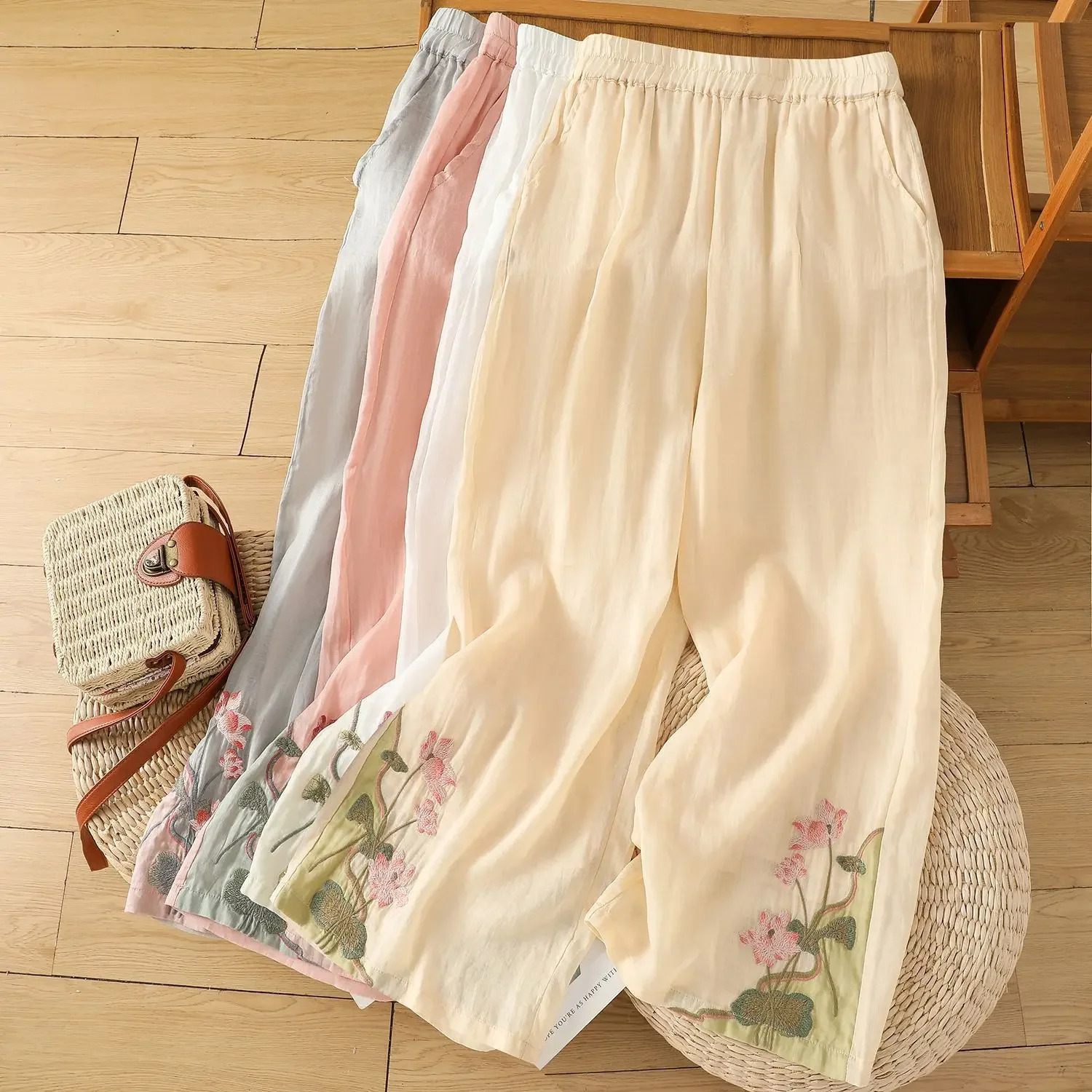 Loose Cotton Linen Pants with Embroidery for Women Summer Style Thin Slimming Casual Trousers Vintage Artistic Large Size 260616