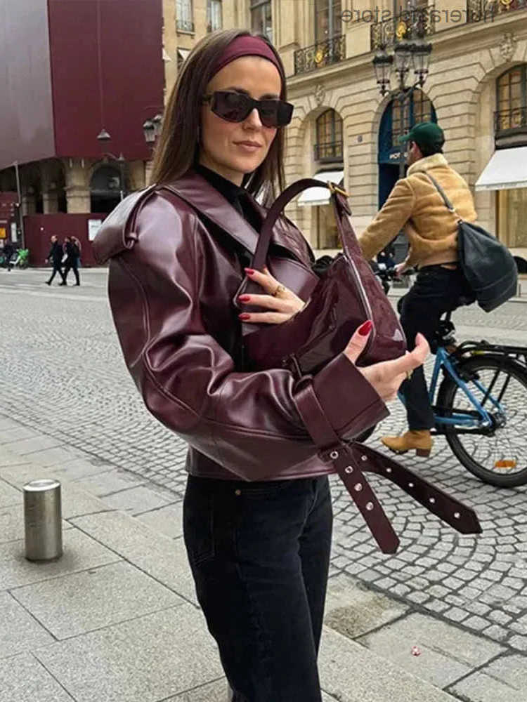 Leather Casual Jacket Women Solid Lapel Long Slved Belt Crop Female Autumn Outwear Lady S251129 S260623
