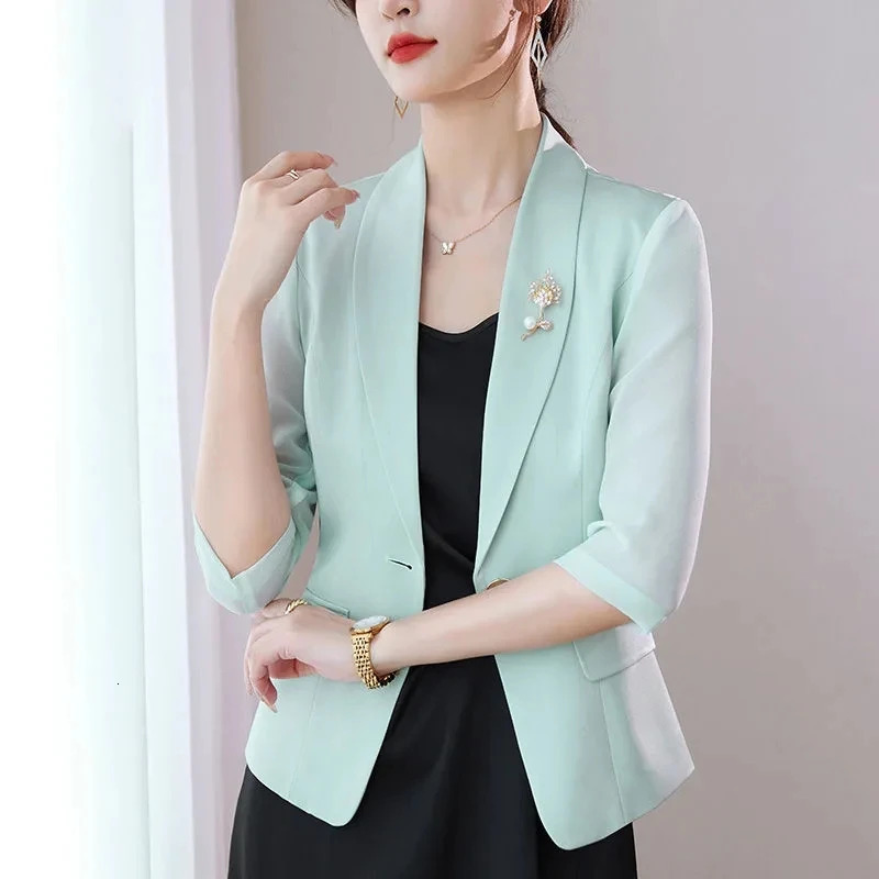 Korean Women Solid Color Chiffon Leisure Suit Coat Summer Female Short Blazer Tops Ladies Thin Style Outerwear 260625
