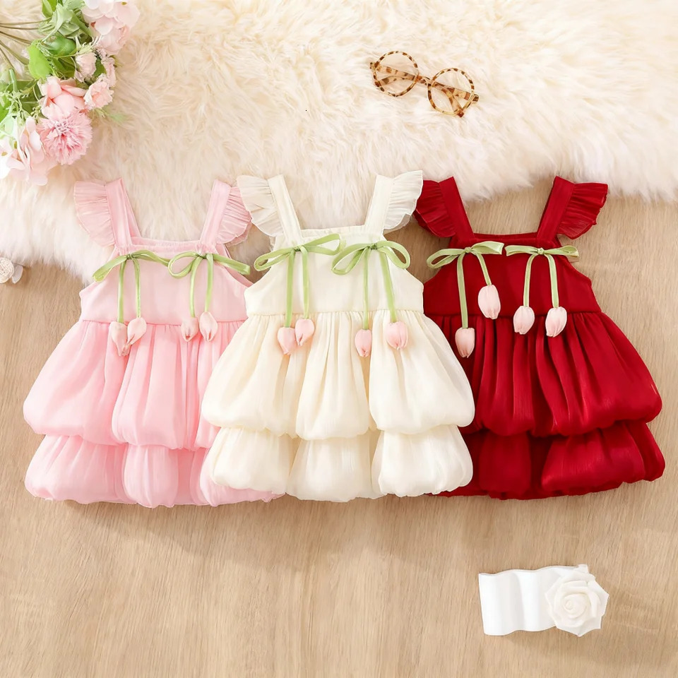 Baby Girl Dress Summer Solid Color Flower Small Fly Sleeve Girl Dress Cute Bow Baby Princess Dress Baby Girl Clothes 260623