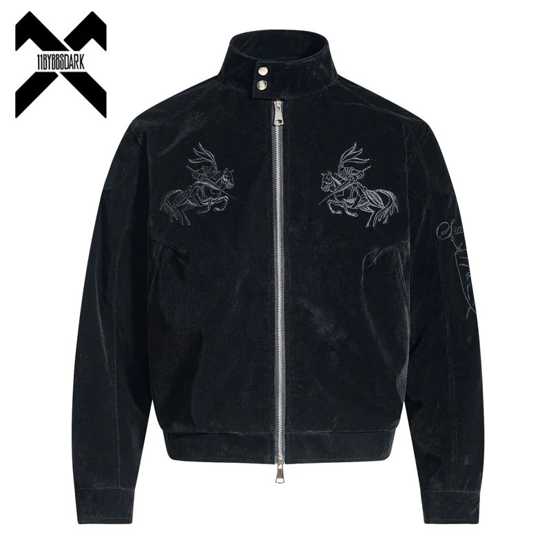 Mens Vintage Embroidery Jacket Loose Fit Stand Collar Suede Leather Coat Outerwear Streetwear 2026 Spring 260623