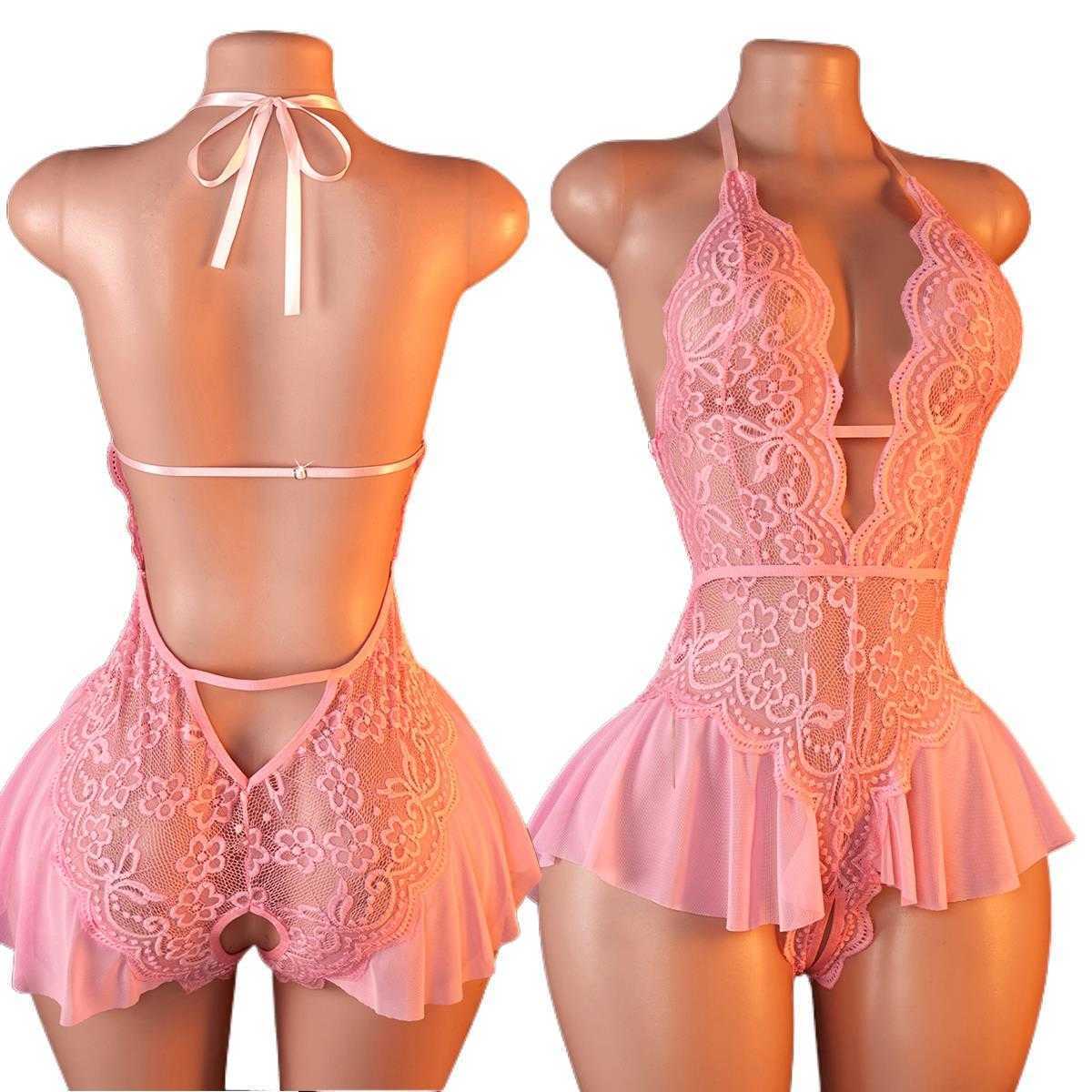 Sexy Pink Lace Bodysuits Crotchless Deep V Open Teddy Babydoll Sheer Sleepwear Elegant Seductive Erotic Lingerie For Women D260623
