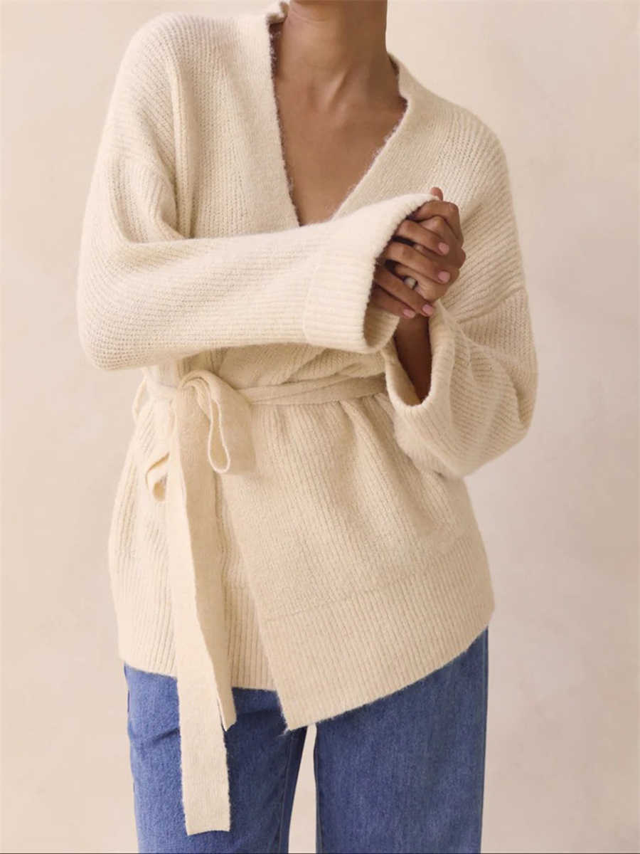 Womens Cardigans Wrap Sweater Long Sve V Neck Solid Color Knit Elegant Fall Belted Outwear L26