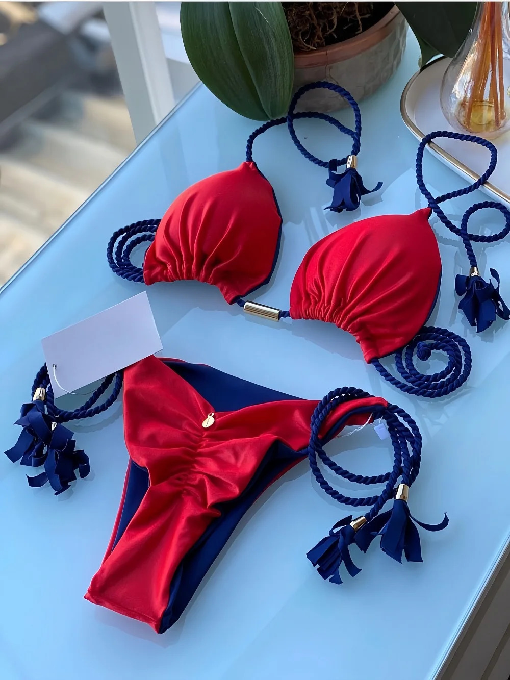 Sexy Solid color Womens Swimsuit Twopiece Triangle Swimwear Braiding rope Bikinis Set Beach Bathing Suit Brazilian Biquinis 260623