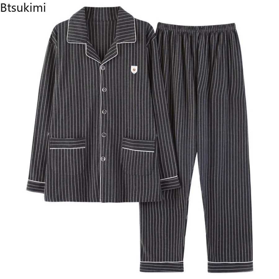 Pure Mens Cotton Pajamas Set Lounge Slpwear Plaid Pyjamas Long Slve Spring and Autumn Loungewear Male Homewear Home Clothes L26623