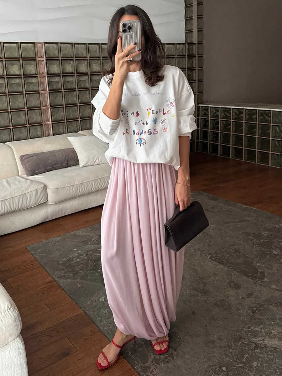 Wolfeel Womens Spring Summer New Elegant Street Style Skirt Fashion Loose Ruched Draped Split Maxi Skirt L26