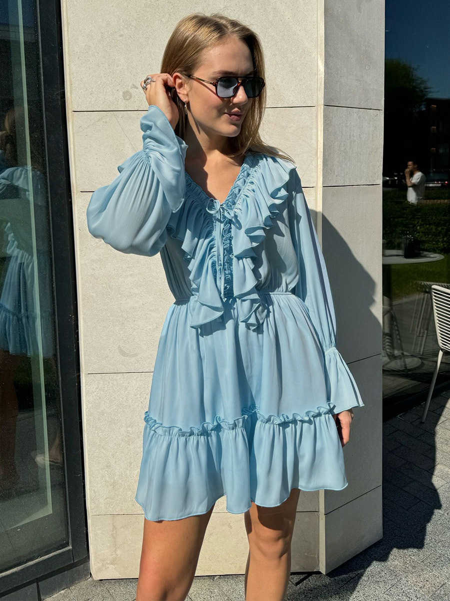 Wolfeel Abito bianco ampio sexy da donna Moda con scollo a V Mini abito lungo Sve Chic Abiti eleganti con volant a vita alta per le donne L26