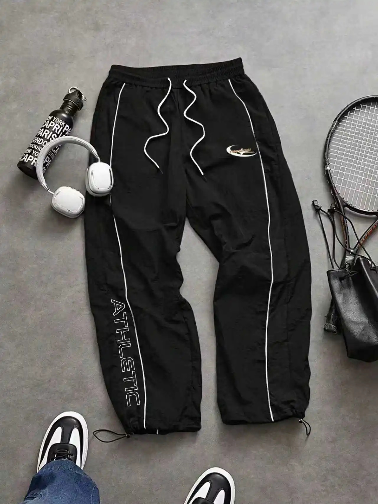 Mens Athletic Letter Striped Baggy Track Pants Lightweight Drawstring Joggers for Gym Streetwear Spring Summer 260623
